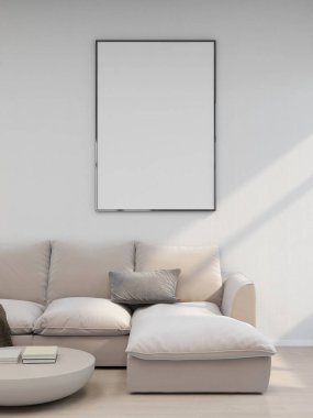 Beyaz duvarlı oturma odası, kanepe, boş dikey çerçeve ve iç dekorasyon 3D, iç tasarım, 3D illüstrasyon