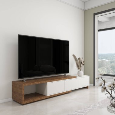 Televizyon, panoramik pencere ve iç tasarımı olan minimalist oturma odası. 3D görüntüleme, iç tasarım, 3B illüstrasyon