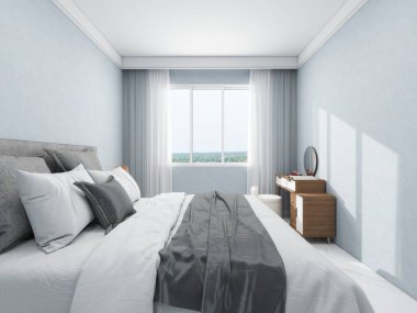 Mavi duvarlı yatak odası, açık renkli dekor ve panoramik pencere. 3D görüntüleme, iç tasarım, 3B illüstrasyon