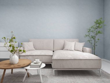 Mavi duvarlı ve dekorlu minimalist oturma odası. 3D görüntüleme, iç tasarım, 3B illüstrasyon