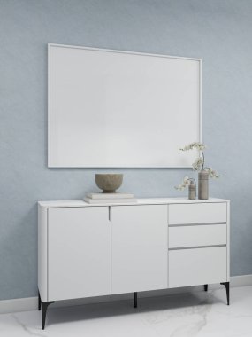 Mavi bir duvarda yatay çerçevesi, büfesi ve süslemeleri olan minimalist oturma odası. 3D görüntüleme, iç tasarım, 3B illüstrasyon