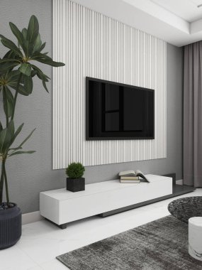 Televizyon ve vazolarında süs bitkileri olan modern bir oturma odası. 3D görüntüleme, iç tasarım, 3B illüstrasyon