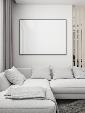 Beyaz bir duvar ve dekorun üzerinde yatay çerçevesi olan çağdaş oturma odası. 3D görüntüleme, iç tasarım, 3B illüstrasyon