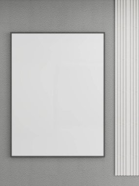 Gri desenli duvarda boş dikey çerçeve. 3D görüntüleme, iç tasarım, 3B illüstrasyon