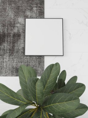 Yerde boş kare çerçeve ve bitki süslemesi. 3D görüntüleme, iç tasarım, 3B illüstrasyon