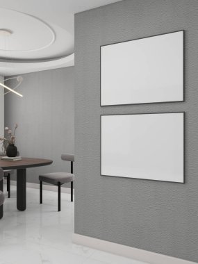 Yatay çerçeveli ve dekorasyonlu modern yemek odası. 3D görüntüleme, iç tasarım, 3B illüstrasyon