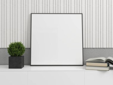 Televizyon standında boş kare çerçeve ve dekorasyon. 3D görüntüleme, iç tasarım, 3B illüstrasyon