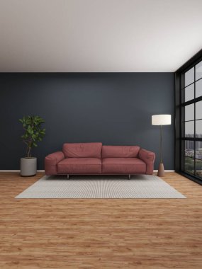 Kırmızı kanepesi ve iç dekorasyonu olan modern oturma odası. 3D görüntüleme, iç tasarım, 3B illüstrasyon