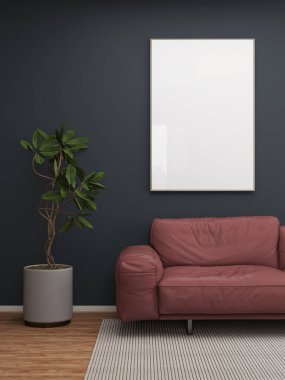 Dikey çerçeveli, kırmızı kanepeli ve iç dekorasyonlu modern oturma odası. 3D görüntüleme, iç tasarım, 3B illüstrasyon
