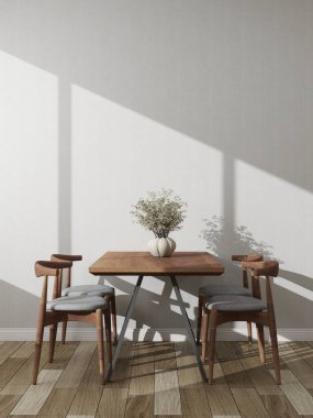 İyi ışıklandırması ve iç tasarımı olan modern yemek odası. 3D görüntüleme, iç tasarım, 3B illüstrasyon