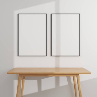 Tahta bir masa ve beyaz duvarda iki dikey çerçeve modeli. 3D görüntüleme, iç tasarım, 3B illüstrasyon