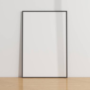 Ahşap bir masa ve beyaz bir duvar üzerinde dikey çerçeve modeli. 3D görüntüleme, iç tasarım, 3B illüstrasyon