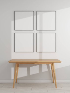 Tahta bir masa ve beyaz duvarda dört kare maket. 3D görüntüleme, iç tasarım, 3B illüstrasyon
