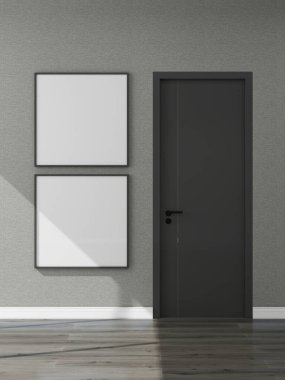 Kapının yanındaki dokulu bir duvarda iki kare maket. 3D görüntüleme, iç tasarım, 3B illüstrasyon