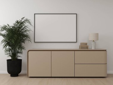 Beyaz duvarı ve iç dekorasyonu olan bir oturma odasında yatay çerçeve modeli. 3D görüntüleme, iç tasarım, 3B illüstrasyon