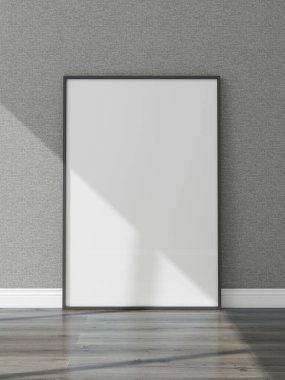 Zeminde dikey çerçeve modeli ve arka planda dokulu bir duvar var. 3D görüntüleme, iç tasarım, 3B illüstrasyon