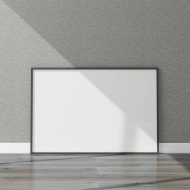 Zeminde yatay çerçeve modeli ve arka planda desenli bir duvar var. 3D görüntüleme, iç tasarım, 3B illüstrasyon