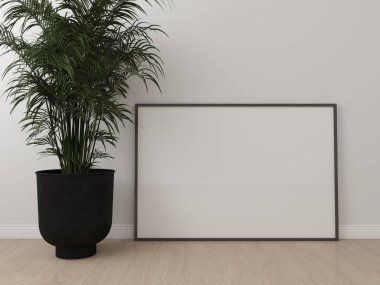 Yerde beyaz bir duvar ve süs bitkisi olan yatay çerçeve modeli var. 3D görüntüleme, iç tasarım, 3B illüstrasyon