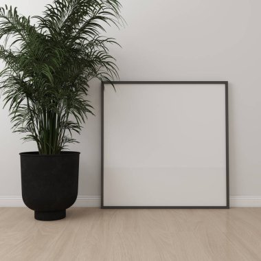 Yerde beyaz bir duvar ve süs bitkisi olan kare çerçeve modeli. 3D görüntüleme, iç tasarım, 3B illüstrasyon