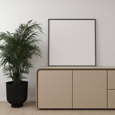 Beyaz bir duvarı ve iç dekorasyonu olan bir oturma odasının kare çerçevesi. 3D görüntüleme, iç tasarım, 3B illüstrasyon