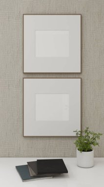 Dekorasyonlu desenli bir duvarda iki kare maket. 3D görüntüleme, iç tasarım, 3B illüstrasyon