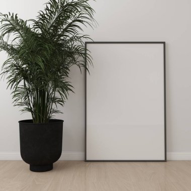 Yerde beyaz bir duvar ve süs bitkisi olan dikey çerçeve modeli var. 3D görüntüleme, iç tasarım, 3B illüstrasyon