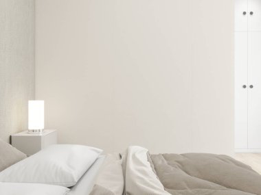 İç dekorasyonu ve masa lambası olan rahat bir yatak odasındaki duvarın maketi. 3D görüntüleme, iç tasarım, 3B illüstrasyon