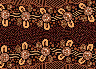 Aborjin Avustralya sanatı. Toprak tonları ve sembolik şekiller.