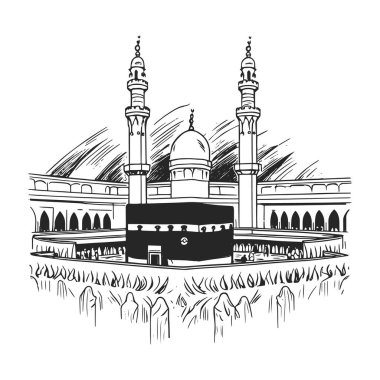 Kutsal Kabe Mekke Suudi Arabistan, elle çizilmiş kroki vektör çizim.