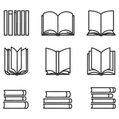 Kitaplar taslak biçiminde simgeler oluşturur. Kitap kitaplığı vektör sembolü koleksiyonu.