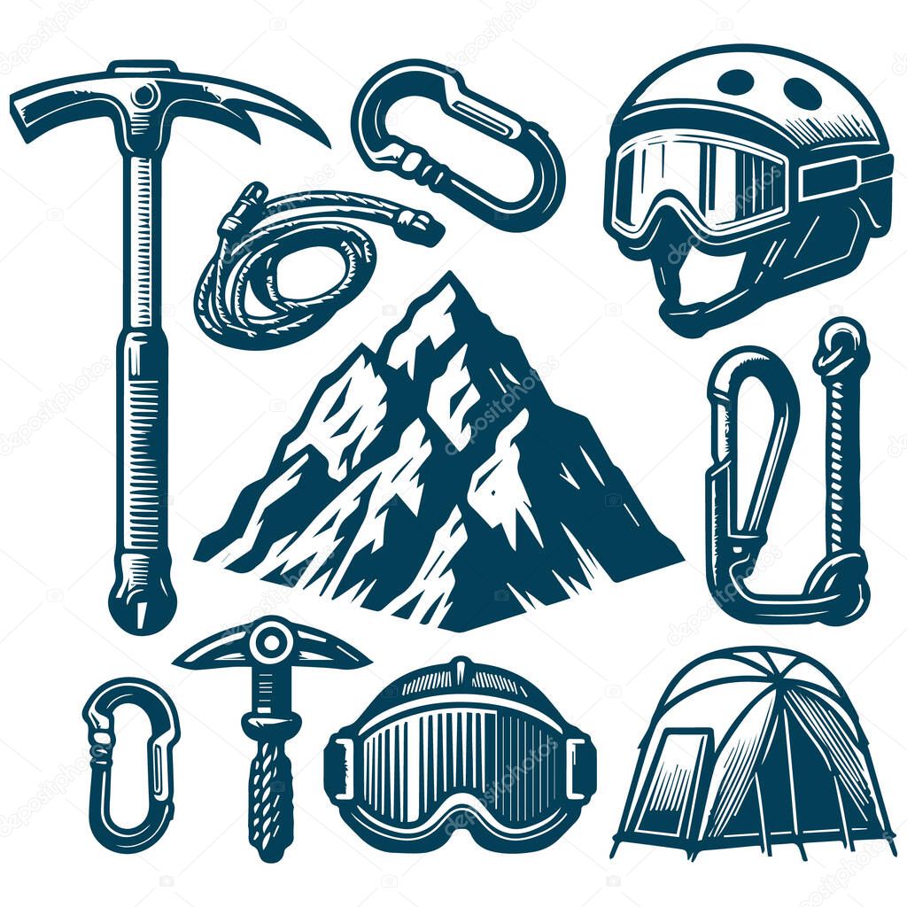 Set of hand drawn mountain bike and helmet, ski and snowboard