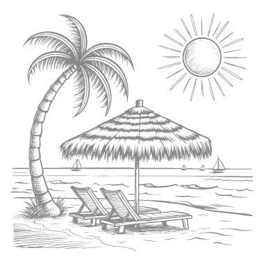 Palm Tree, Şemsiye ve Salon Sandalyeleriyle Plaj Sahnesi El Çizimi Resimleri