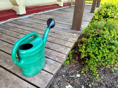 Bir sulama kabı zarif bir şekilde ahşap bir yüzeye yerleştirilir.