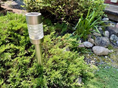 Klasik Edison ampulü bir ipten sarkıyor, yemyeşil bir bahçede sıcak ve samimi bir ortam yaratıyor. 