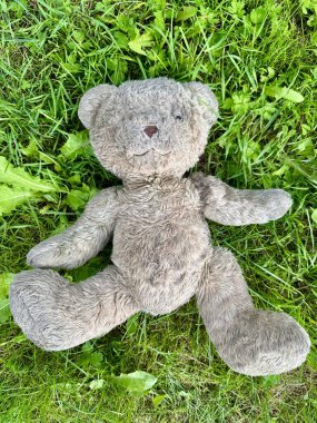 Giyilmiş oyuncak ayı taze yeşil çimlerin üzerinde yatıyor.