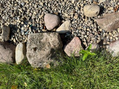 Doğal sınır, yeşil çimenler, çakıl ve taşlarla buluşan bahçe tasarımı.