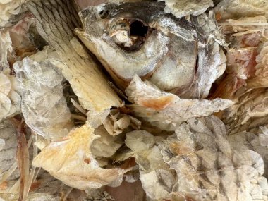 Temizlik ve işlemden sonra pullu kemik ve deriyle kurumuş balık kalıntıları.