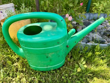 Yaz bahçesinde çimlere konmuş yeşil sulama tenekesi