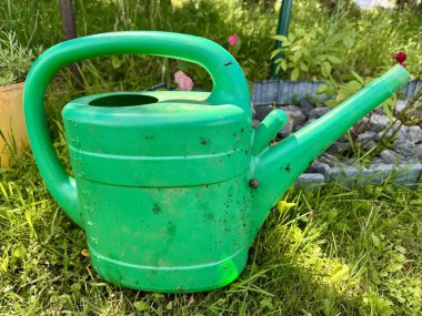 Yaz bahçesinde çimlere konmuş yeşil sulama tenekesi