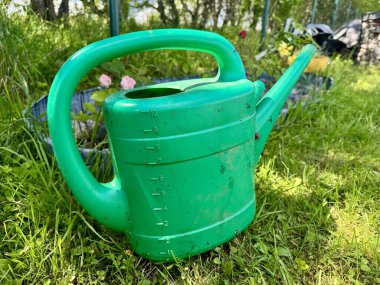 Yaz bahçesinde çimlere konmuş yeşil sulama tenekesi