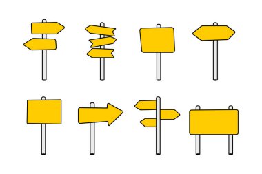 Sarı sokak işaretleri. Yol bulma okları ile yön direği, parmak izi izole edilmiş gerçekçi vektör illüstrasyon seti