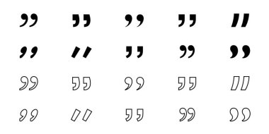 Tırnak işareti seti. Alıntı simgesi vektör kümesi. Tırnak işaretleri, konuşma işaretleri, ters virgüller ya da konuşan notlar koleksiyonu. Siyah tırnak işareti. Vektör illüstrasyonu.