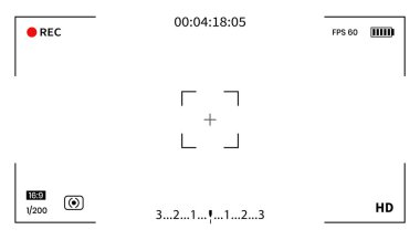 Üst üste koymak için kamera kayıt ekran şablonu. Bilgi göstergeleriyle UI dijital arayüzü örtüşüyor. Fotoğraf ve video kamera görüntüleyici ekran çerçevesi.