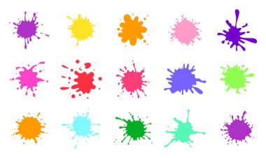 Boya sıçramaları ayarlandı. Renkli boya sıçraması. Sprey boya leke element vektör illüstrasyonu.