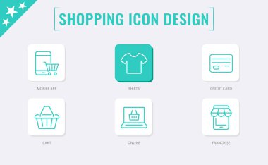 Alışveriş ikonu koleksiyonu. Kredi kartı, t-shirt, bayilik, el arabası, çevrimiçi alışveriş simgesi içeren özetlenmiş simgeler