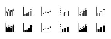 Grafik çizgisi simgeleri ayarlandı. Grafik, Hat, Bar, Grafik, Diyagram, Rapor, İstatistikler. İş grafikleri ve grafikleri simgeleri. İstatistiksel veriler, çizelgeler. Vektör illüstrasyonu