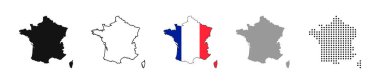 Fransa harita vektör simgesi ayarlandı. Siluet, eyaletler, bölgeler, ana hatlar, bayrak, düz, noktalı stiller. Vektör illüstrasyonu