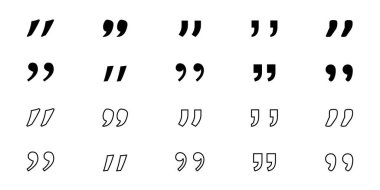 Tırnak işareti koleksiyonu. siyah tırnak işareti seti. Konuşma işareti. Ters virgül sembolü. vektör illüstrasyonu