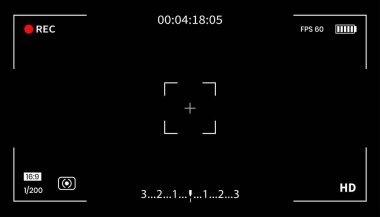 Kamera çerçevesi. Rec ile video ekranı, görüntü bulucu. Kayıt filmi için arka plan. Video için odaklanma, zaman, pil ve izleme ile görüntüle.