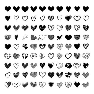 Kalp karalaması ayarlandı. Elle çizilmiş kalp koleksiyonu. Romantizm ve aşk çizimleri.